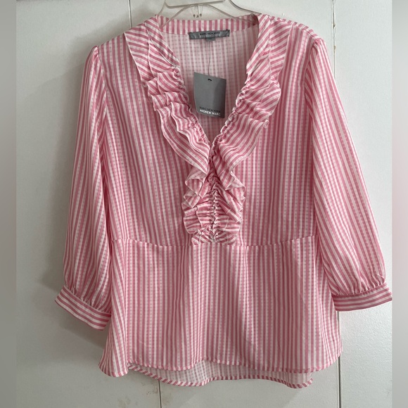 Tops - Marc New York Pink Striped Ruffle Blouse